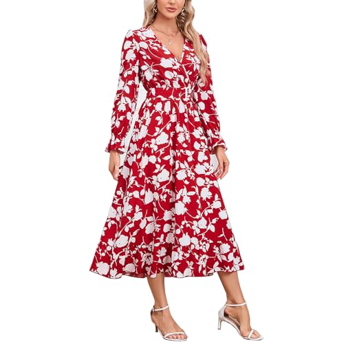 Siikarte Kleid für Damen, Boho-Maxikleid, elegant, Blumenmuster, Party, Strandkleid, D-rot, Small von Siikarte