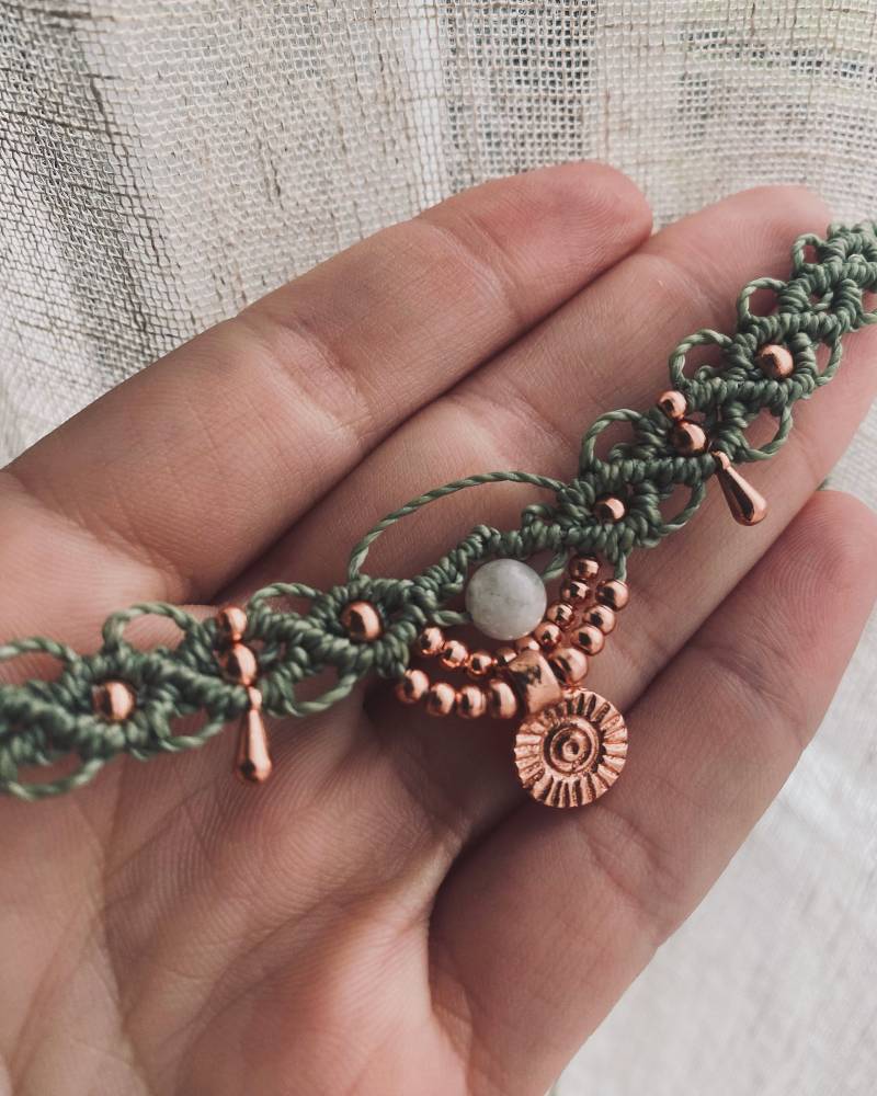 Chocker Makramee Halskette Kette Schmuck Perle Rose Gold Messing Boho Ethno Mondstein Edelstein von Siimango