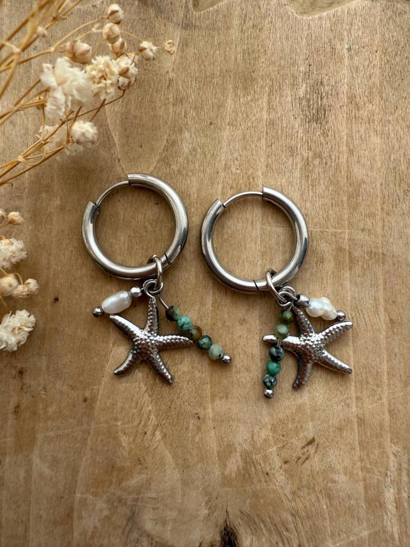 Creolen Ohrringe Boho Makramee Schmuck Mit Perlen in Gold Blume Messing Design Silber Seestern Süßwasserperle von Siimango