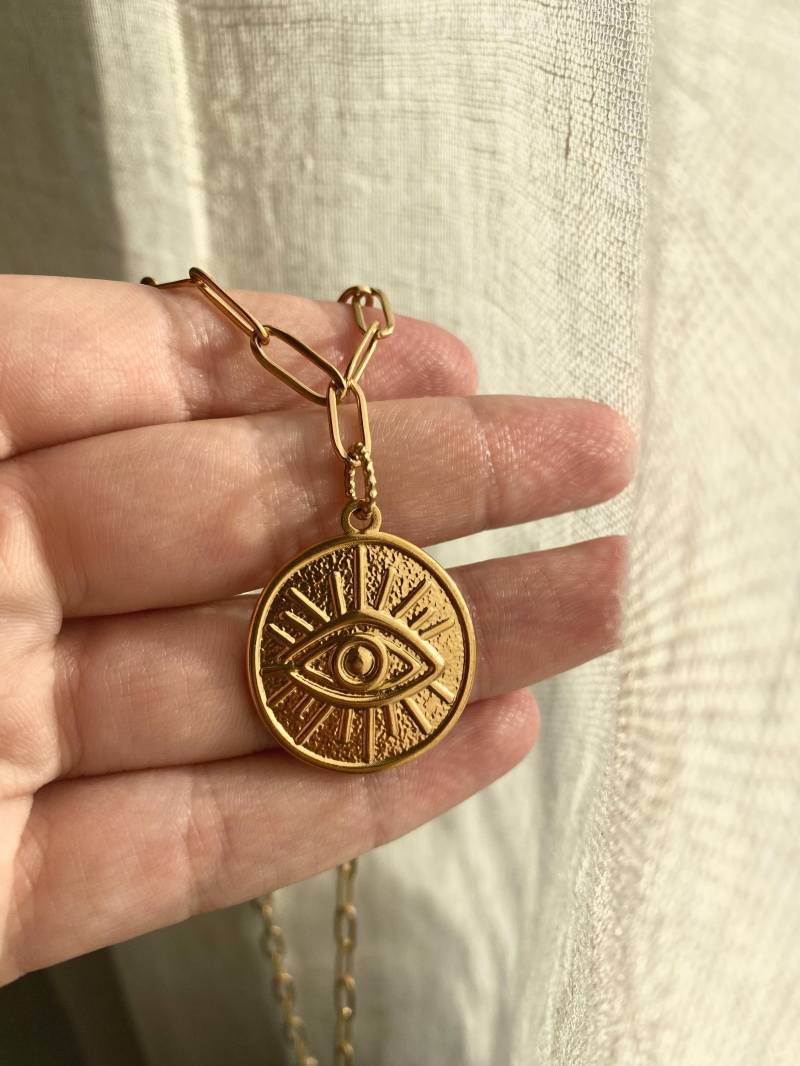 Drittes Auge Anhänger Kette Messing Schmuck Gold - Designschmuck Boho Ethno Makramee Geschenk Für Sie Unikat von Siimango