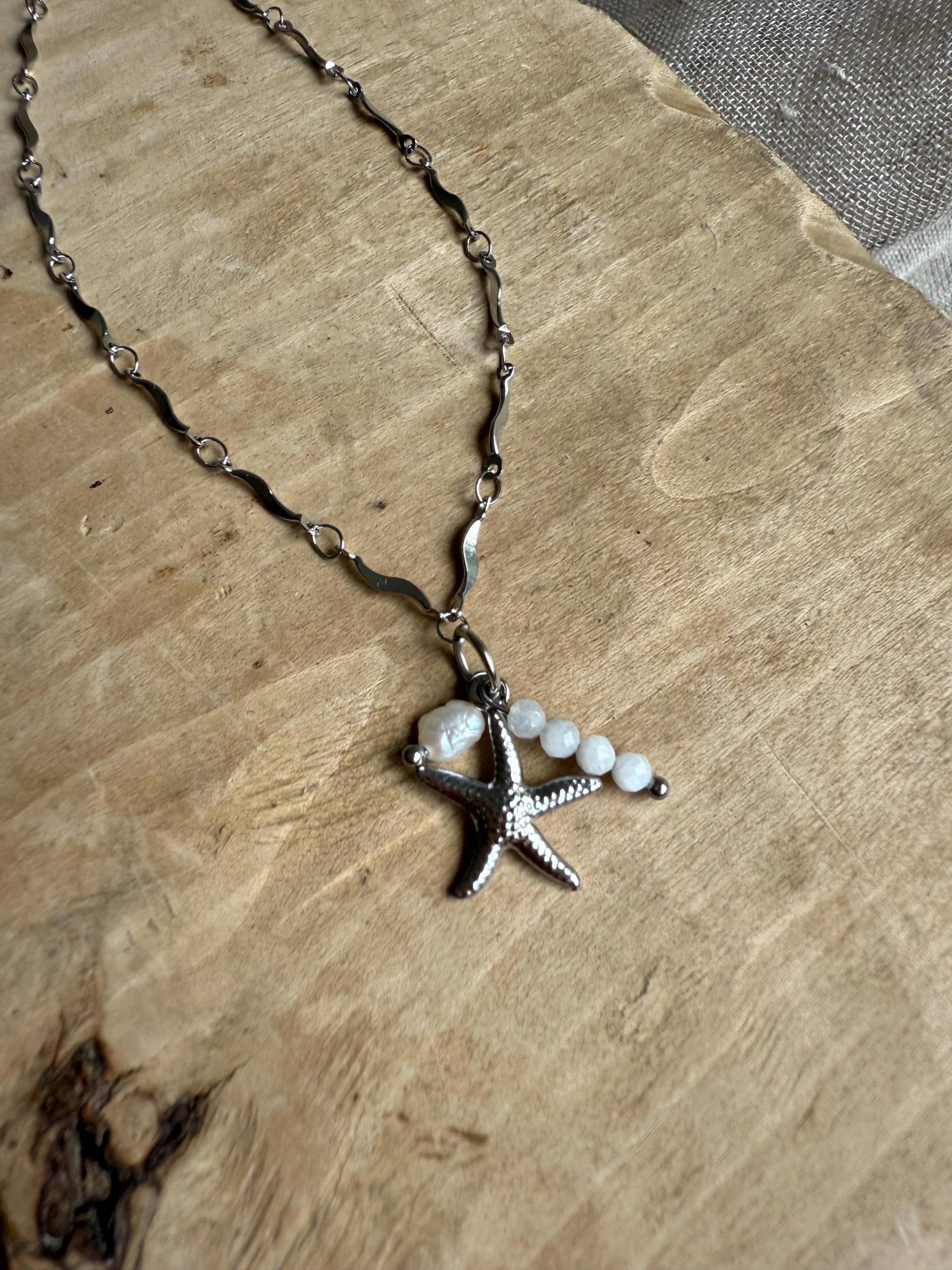 Kette Seestern Halskette Silber, Perlen Süsswasserperle Hoops , Glieder Designschmuck, Moderne Form, Muster, Boho Wasserfest Schmuck von Siimango