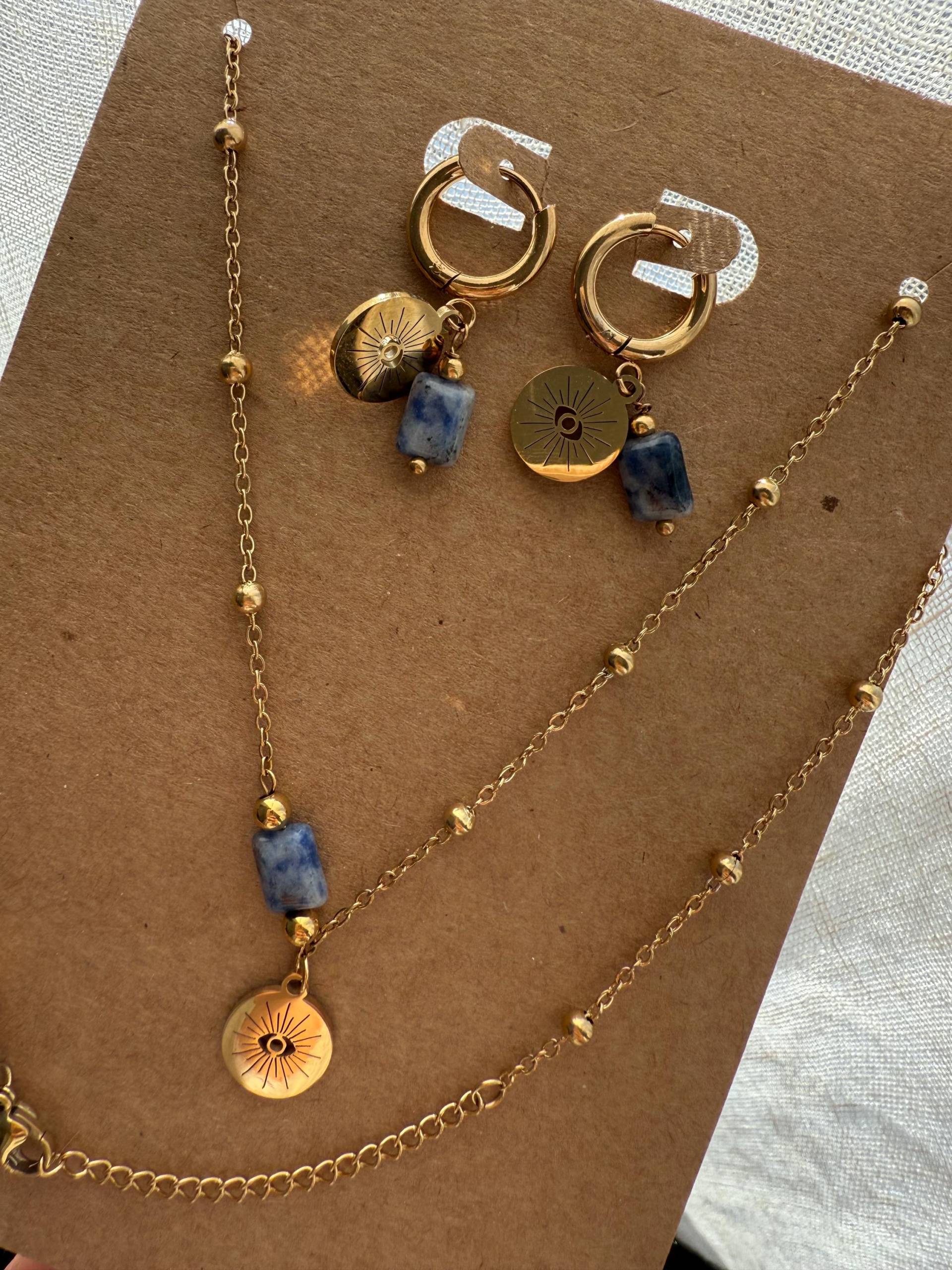 Set Creolen Kette Halskette // Ohrringe, Perlen Blau , Hoops Designschmuck, Moderne Form, Muster, Boho Gold Wasserfest von Siimango