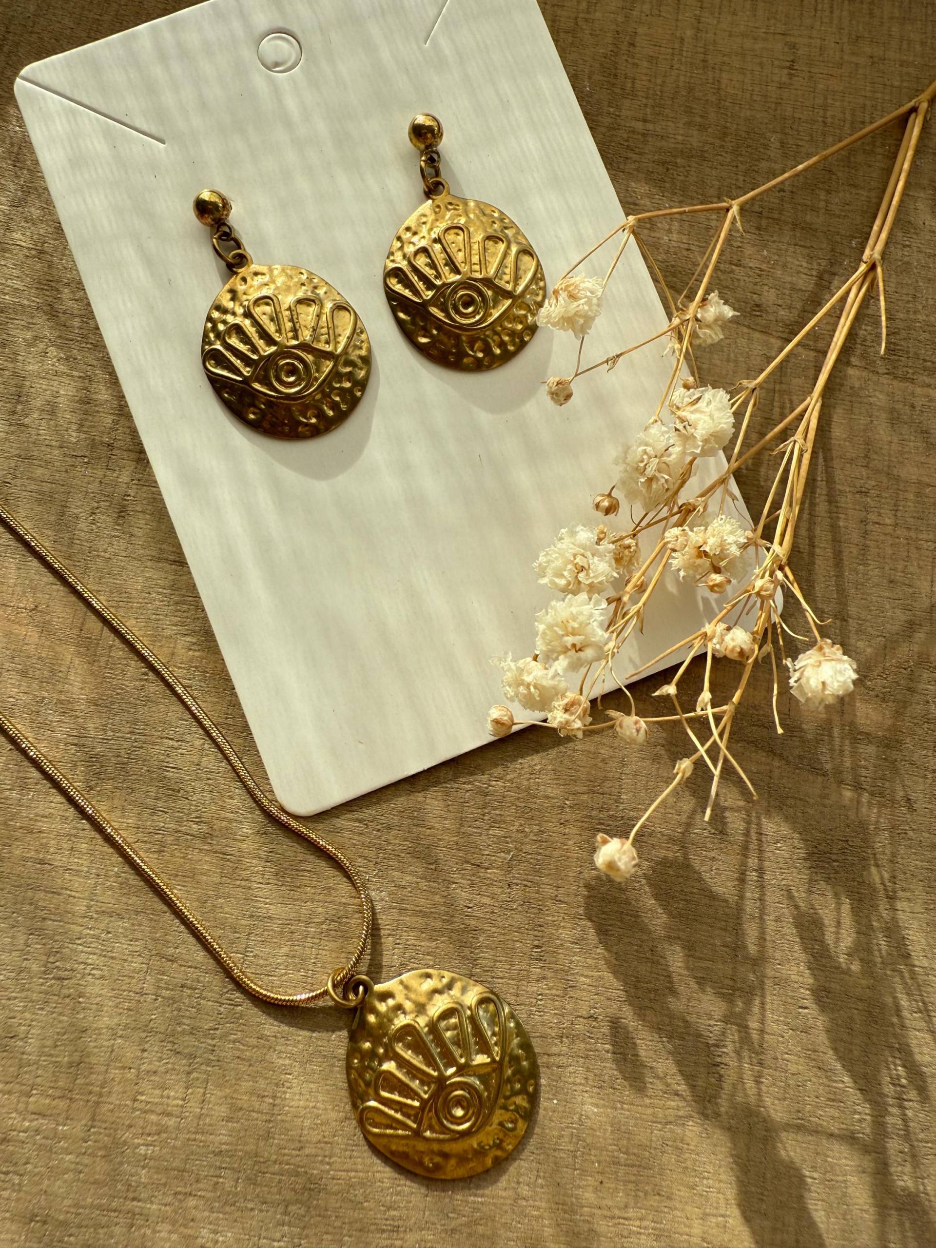 Set Creolen Kette Halskette // Ohrringe, Sonne Mond , Gold, Gehämmert, Designschmuck, Moderne Form, Muster, Antik Boho, Stern von Siimango