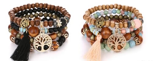 Sikweny 2 Stück Boho Armband Damen Sommer Armband Damen Armbänder Holzperlen Quaste Natürliches Kristall Heilsteine Liebe Statement-Armreifen Chakra Frauen für Festival Outfit (Schwarz, Beige) von Sikweny