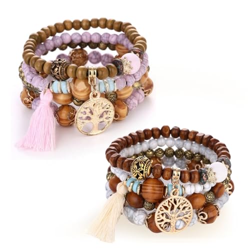 Sikweny 2 Stück Boho Armband Damen Sommer Armband Damen Armbänder Holzperlen Quaste Natürliches Kristall Heilsteine Liebe Statement-Armreifen Chakra für Frauen für Festival Outfit (Rosa, Beige) von Sikweny