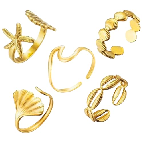 Sikweny 5 Stück Ring Gold Damen Ring Gold Wasserfest Goldene Sommer Ringe Ocean Halb Offener Ringen Sommer Schmuck Fingerring Stapelbarer Knuckle Ringe Ozean-Geschenke für Frauen und Mädchen von Sikweny