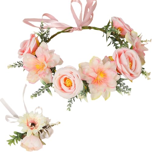 Sikweny Haarkranz Blumen mit Armband Blumenkranz Haare Verstellbare Form Haarreif Blumen Haarreif Passend für Die Meisten Kopfgrößen für Strand Party Hochzeit Flitterwochen Festival von Sikweny