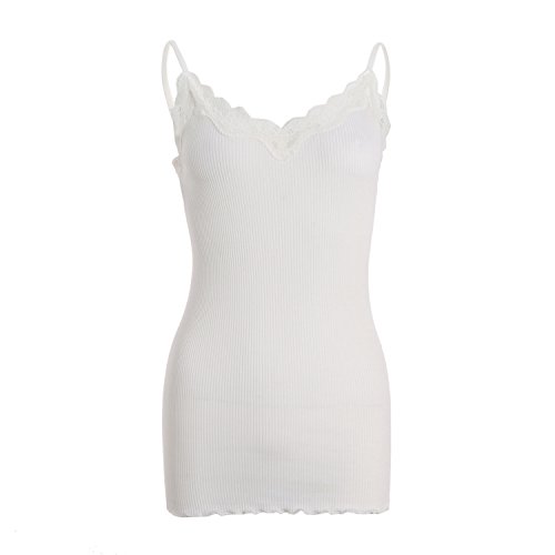 SilRiver Damen Seide Rippen Camisole Tank Top Elegant Spitze Hals Cami Unterhemden, Weiß, Einheitsgröße von SilRiver