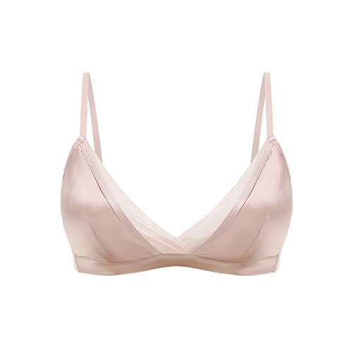 SilRiver Damen Seide Satin Dreieck Bralette Soft Cup Wireless BH mit abnehmbarem Pad und Seide Satin Höschen (Rosa, S) von SilRiver