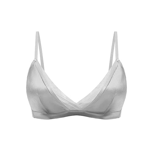 SilRiver Frauen Seide Gepolsterte Bralette Tiefe V Draht Freies Crop Top Super Weich Bequem für empfindliche Haut (Silbergrau, L) von SilRiver