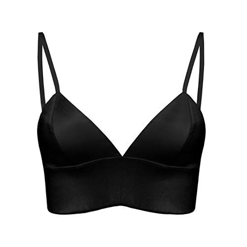 SilRiver Damen Seide Satin Crop Top Strappy V-Ausschnitt Weste Traiangle Bralette Cami Top - Schwarz - Large von SilRiver