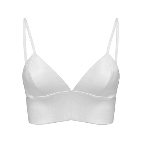 SilRiver Damen Seide Satin Crop Top Strappy V-Ausschnitt Weste Traiangle Bralette Cami Top - Weiß - small von SilRiver