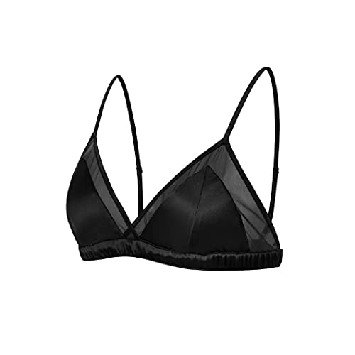 SilRiver Damen Seide Satin Dreieck Bralette Soft Cup Wireless BH mit abnehmbarem Pad und Seide Satin Höschen (Schwarz,L) von SilRiver