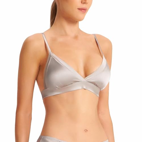 SilRiver Frauen Seide Gepolsterte Bralette Tiefe V Draht Freies Crop Top Super Weich Bequem für empfindliche Haut (Silbergrau, M) von SilRiver