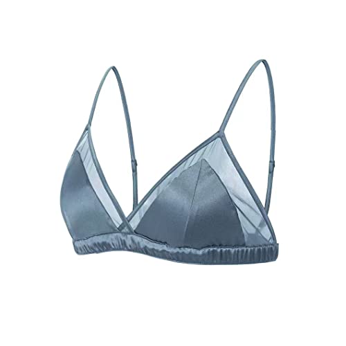 SilRiver Damen Seide Satin Dreieck Bralette Soft Cup Wireless BH mit abnehmbarem Pad und Seide Satin Höschen (Stürmisch, L) von SilRiver