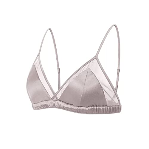 SilRiver Damen Seide Satin Dreieck Bralette Soft Cup Wireless BH mit abnehmbarem Pad und Seide Satin Höschen (Wolkengrau, XS) von SilRiver