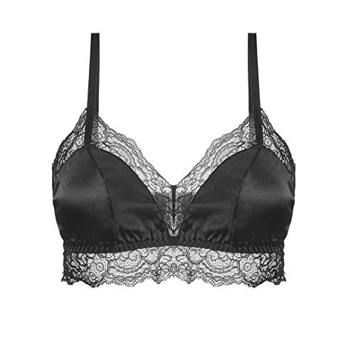 SilRiver Damen Silky Satin Wireless BH Spitzen-Bralette mit herausnehmbaren Pads Sommer-BH - T-Shirts (Small, Schwarz) von SilRiver