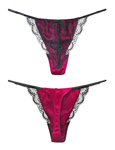 SilRiver Damen-Tanga, Seide, Satin, Spitze, G-String, T-Rücken, glänzende Satin-Unterwäsche, Rose Violet, L-XL von SilRiver