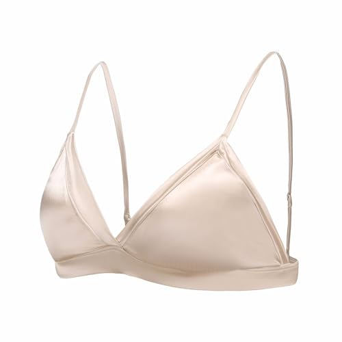 SilRiver Frauen Seide Gepolsterte Bralette Tiefe V Draht Freies Crop Top Super Weich Bequem für empfindliche Haut (Haferflocken, M) von SilRiver