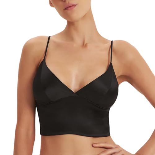 SilRiver Seidensatin-Bralette, Damen, Triangel-BH, tiefer V-Ausschnitt, Croptops für Teenager, kabelloser BH - Schwarz - Mittel von SilRiver