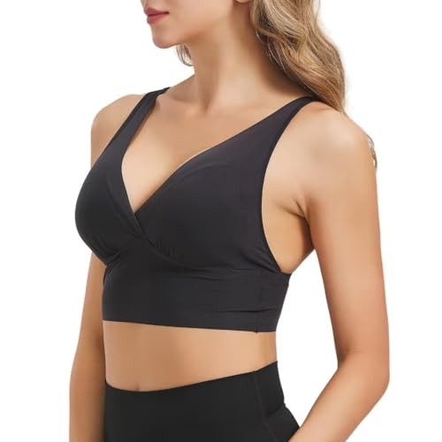 SilRiver Frauen Seide Gepolsterte Bralette Tiefe V Yoga Sport BH Criss Cross Back Draht Freies Crop Top Super Weich Bequem für empfindliche Haut (Schwarz, S) von SilRiver