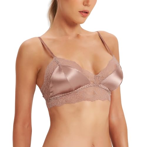 SilRiver Damen Silky Satin Wireless BH Spitzen-Bralette mit herausnehmbaren Pads Sommer-BH - T-Shirts (Medium, Champagner) von SilRiver