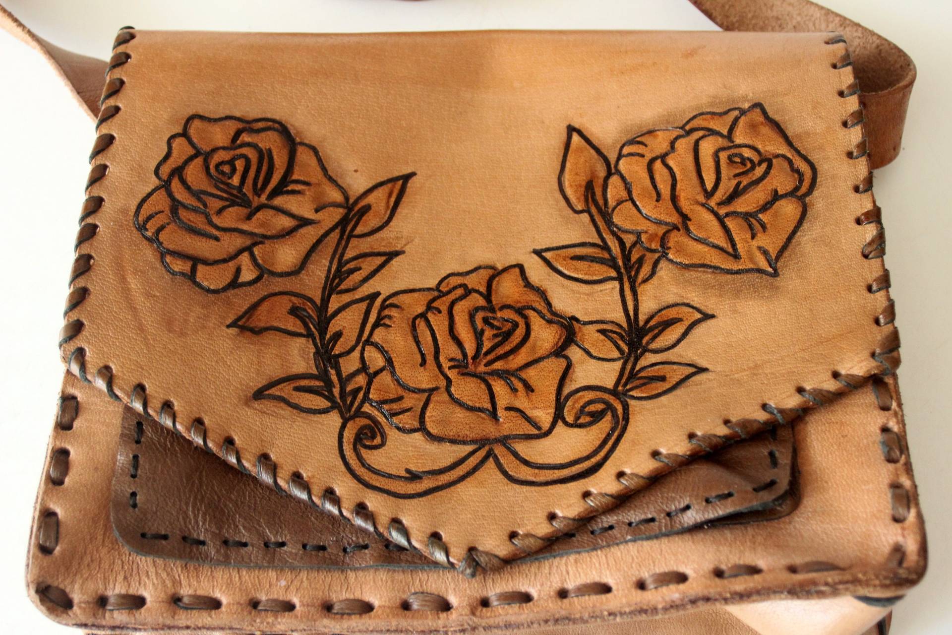 Coole Handgenähte 70Er Handtasche Vintage Leder Umhängetasche Bag Leather Braun Tasche Zum Umhängen Country Western Hippie Style Reiter von SilaVintageandmore