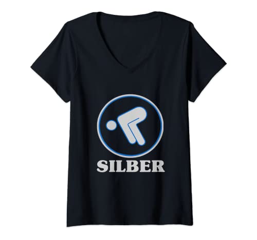 Damen Silber Prüfung Bestanden Schwimmabzeichen Silber Schwimmer T-Shirt mit V-Ausschnitt von Silber Schwimmabzeichen Bronze Schwimmer Abzeichen