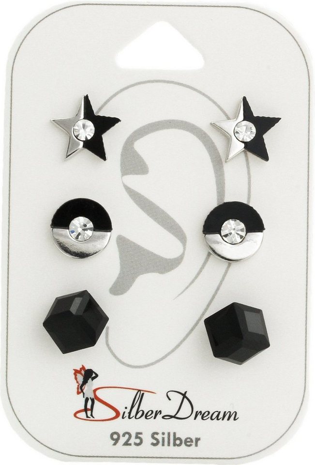 SilberDream Paar Ohrstecker SilberDream Zirkonia 3er Set Ohrringe (Ohrstecker, 3-tlg), Ohrstecker (Stern, Kreis, Würfel) 925 Sterling Silber, Farbe: schwarz von SilberDream