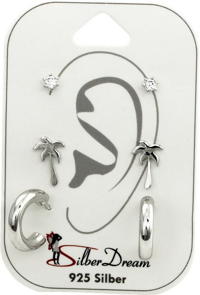 SilberDream Paar Ohrstecker SilberDream Zirkonia 3er Ohrringe (Ohrstecker, 3-tlg), Ohrstecker (Zirkonia, Palme, Creole) 925 Sterling Silber, Farbe: weiß von SilberDream