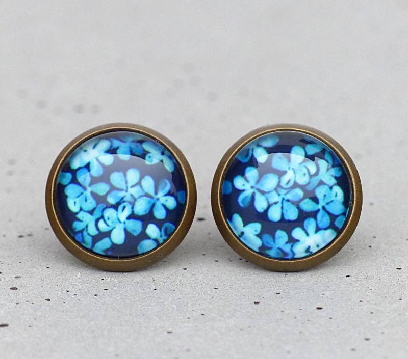 Hortensien Blüten - Ohrstecker Mit Blauen Blütenmuster von Silberglas