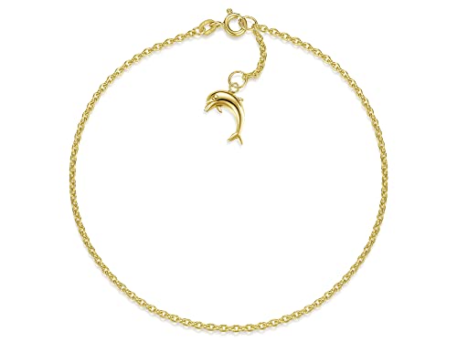 Fußkette Erbse Breite 1,8mm mit kleinem Delphin | aus echt 585 Gold | hochglanzpolierte Fußkette | Echtgold mit Federringverschluß von Silberketten Store