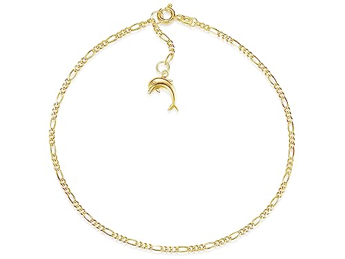 Fußkette Figaro Breite 2mm mit kleinem Anhänger Delfin | aus echt 585 Gold | hochglanzpolierte Fußkette | Echtgold mit Federringverschluß von Silberketten Store