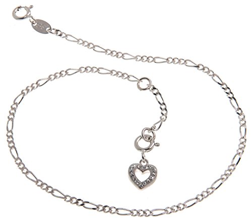 Fußkette Silber (Figarokette) mit Anhänger Herz weiß - Breite 2,2mm - Länge 30cm - echt 925 Silber von Silberketten-Store