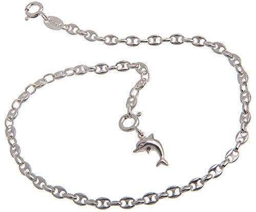 Fußkette Silber (Kaffeebohnenkette) mit Anhänger Delphin - Breite 3,3mm - Länge 30cm - echt 925 Silber von Silberketten Store