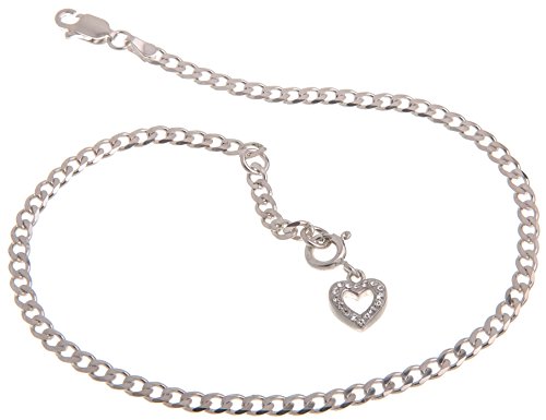 Fußkette Silber (Panzerkette) mit Anhänger Herz weiß - 3mm Breite, Länge wählbar 23cm-30cm - echt 925 Silber von Silberketten Store