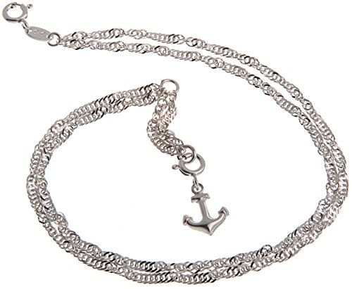 Fußkette Silber 2reihig (Singapurkette) mit Anhänger Anker - 2,3mm Breite, Länge 28cm - echt 925 Silber von Silberketten-Store