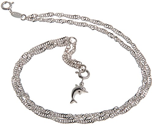 Fußkette Silber 2reihig (Singapurkette) mit Anhänger Delphin - 2,3mm Breite, Länge 30cm - echt 925 Silber von Silberketten-Store