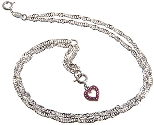 Fußkette Silber 2reihig (Singapurkette) mit Anhänger Herz rot - 2,3mm Breite, Länge wählbar 23cm-30cm - echt 925 Silber von Silberketten Store