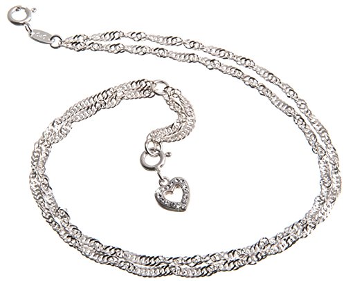 Fußkette Silber 2reihig (Singapurkette) mit Anhänger Herz weiß - 2,3mm Breite, Länge wählbar 23cm-30cm - echt 925 Silber von Silberketten-Store