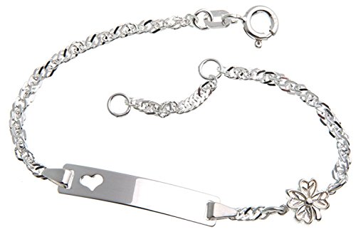 Silberketten Store Baby- & Kinder ID Armband Singapur Herz mit Kleeblatt-Anhänger inkl. Gravur & Geschenksäckchen I aus 925 Silber I nickelfrei allergiker-geeignet I 10 Schriftarten I 15 cm von Silberketten Store
