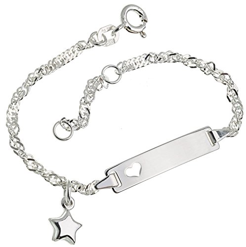 Silberketten Store Baby- & Kinder ID Armband Singapur mit Herz & Stern-Anhänger inkl. Gravur & Geschenksäckchen I aus 925 Silber I nickelfrei & allergiker-geeignet I 10 Schriftarten I 14 cm von Silberketten Store