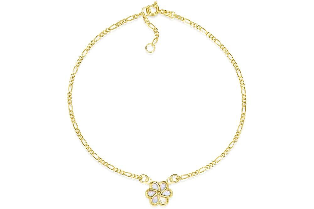 Silberkettenstore Fußkette Fußkette Figaro 2mm mit Blüte mittig - echt 585 Gold, Länge wählbar von Silberkettenstore