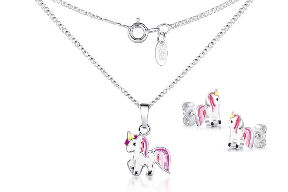 Silberkettenstore Silberkette Kinder Schmuckset Einhorn - 925 Silber, 3teilig von Silberkettenstore