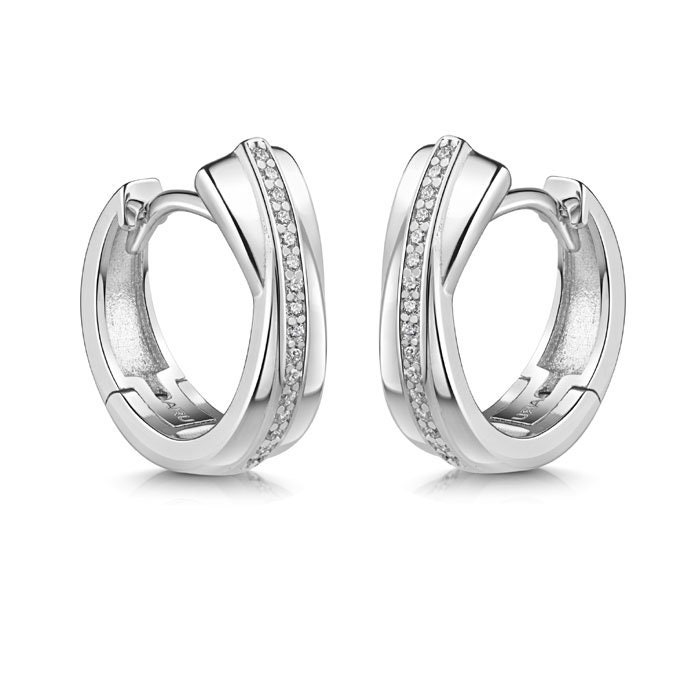 1x Paar Klappcreolen Mit Zirkonia Steinen, 925Er Sterling Silber, Rhodiniert(Anlaufgeschützt von Silberpoint
