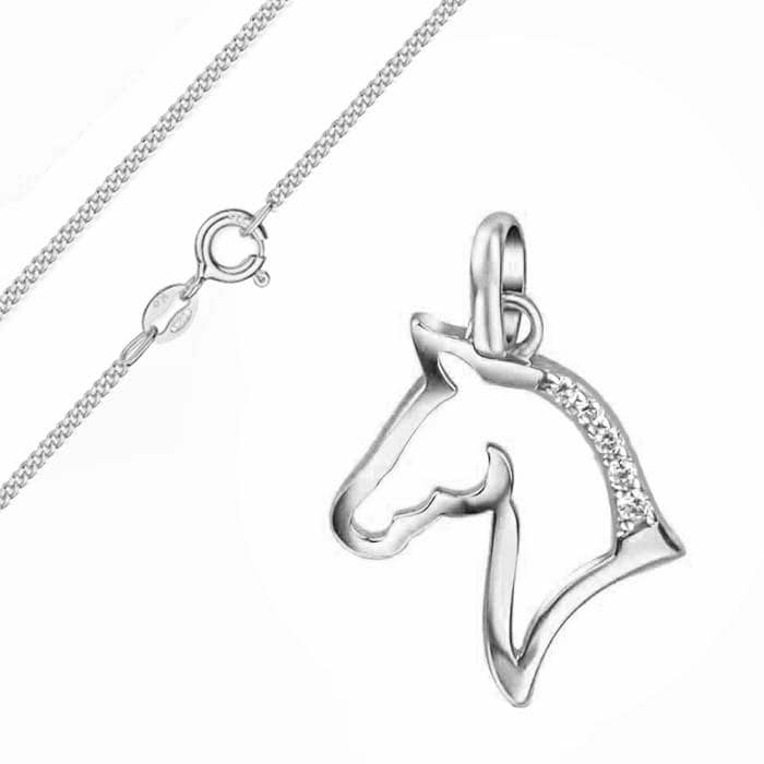 Anhänger Pferdekopf Mit Panzerkette, Zirkonia Steine, 925Er Sterling Silber, Deutsche Herstellung von Silberpoint