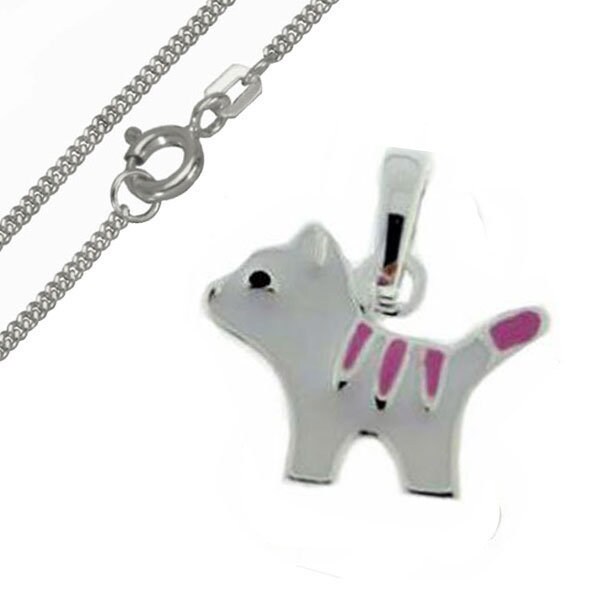 Kinder Anhänger Katze Mit Kette -925Er Sterling Silber-Farbig Lackiert - Deutsche Herstellung von Silberpoint