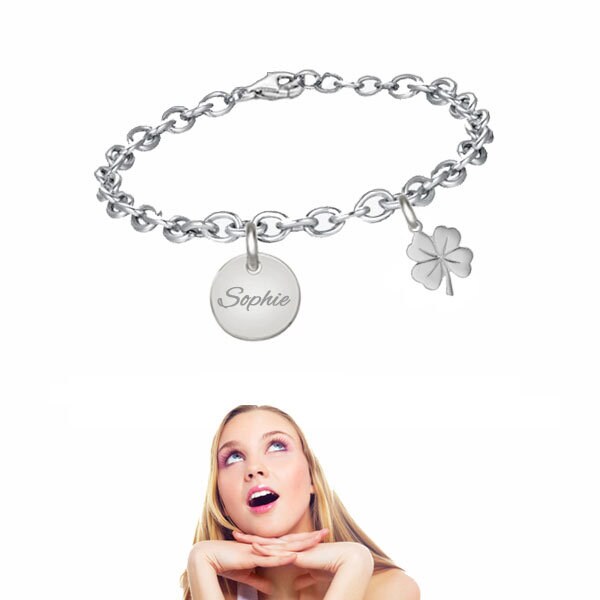 Mädchen Armband Mit Gravurplatte Und Kleeblatt-4mm Breit-Silber925-Persön. Gravur von Silberpoint