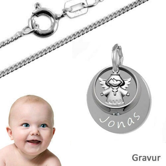 Taufkette, Kinderkette, Gravur Platte Mit Taufring Und Schutzengelkreuz - Silber925 von Silberpoint