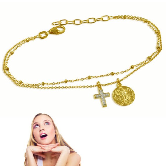 Zweireihiges Mädchen Armband Mit Christopherus&kreuz Anhänger-Echt Silber 925 von Silberpoint